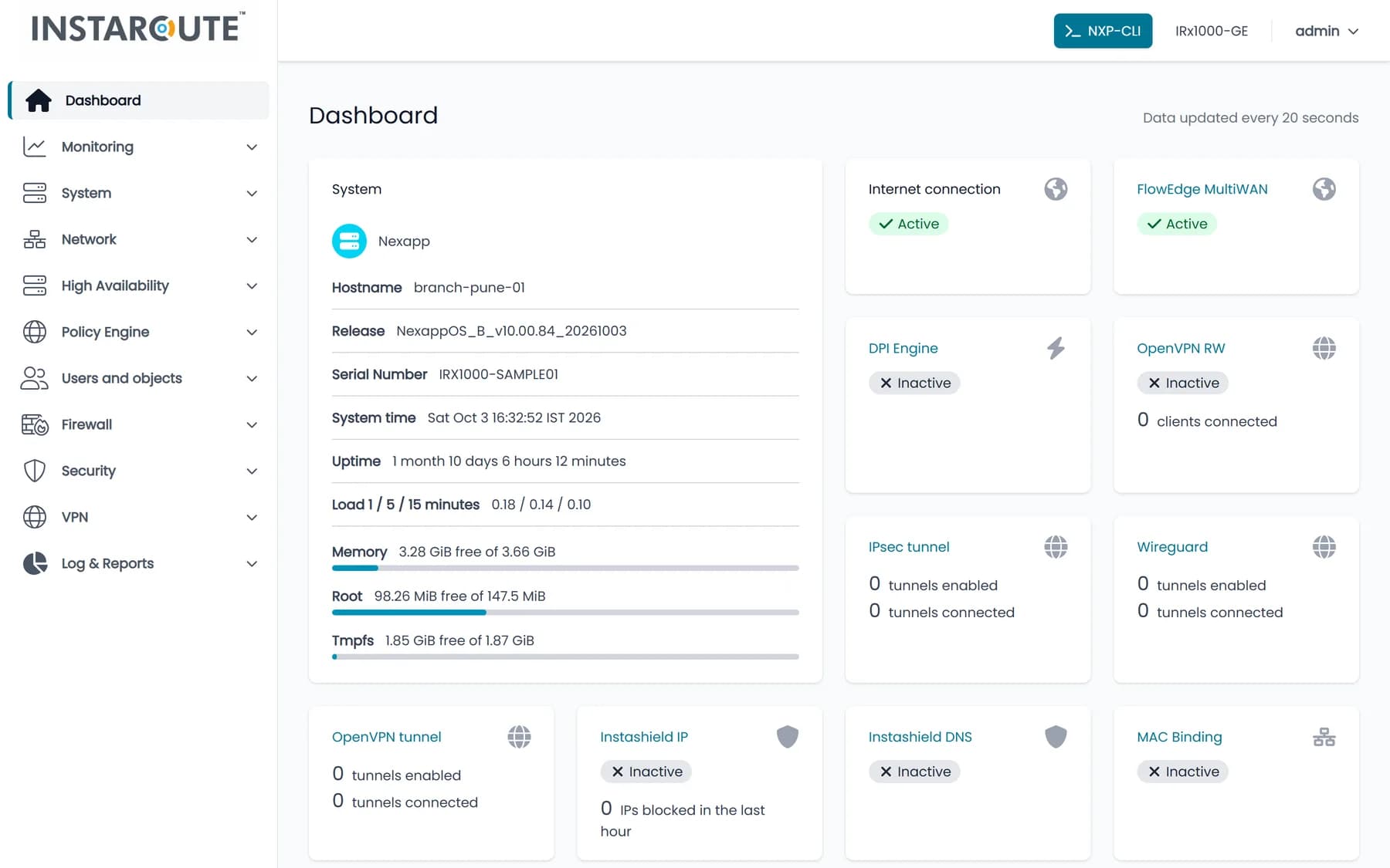 NexappOS dashboard screen. Release, uptime, load and memory, with live status for internet, FlowEdge MultiWAN, DPI, VPN tunnels and InstaShield.